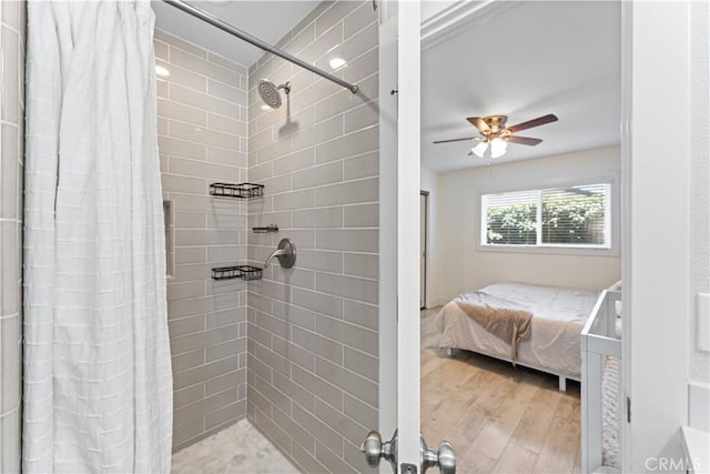 330 Glenshaw Dr, La Puente, CA 91744 - full bathroom featuring tiled shower, ceiling fan, wood finished floors, and ensuite bathroom