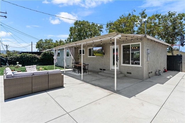 330 Glenshaw Dr, La Puente, CA 91744 - back of property with an outdoor living space, crawl space, stucco siding, a patio, and entry steps