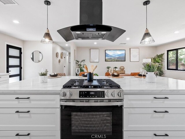 971 N Clifford Ave, Rialto, CA 92376 - kitchen featuring stainless steel gas stove, ventilation hood, white cabinets, light stone countertops, and recessed lighting