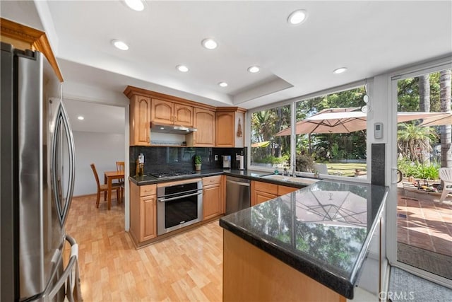 26301 Montarez Cir, Mission Viejo, CA 92691 - kitchen featuring stainless steel appliances, backsplash, recessed lighting, light wood-style flooring, and a tray ceiling