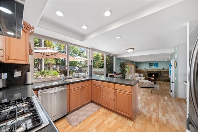 26301 Montarez Cir, Mission Viejo, CA 92691 - kitchen with appliances with stainless steel finishes, light wood-style flooring, recessed lighting, a peninsula, and dark countertops