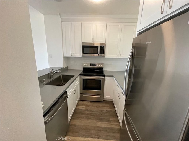 20331 Bluffside Cir Unit A320, Huntington Beach, CA 92646 - kitchen featuring stainless steel appliances, dark wood-style floors, white cabinets, and tasteful backsplash