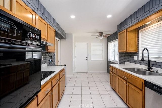 26409 Brandywine Ct, Menifee, CA 92586 - kitchen featuring black appliances, a ceiling fan, backsplash, light countertops, and light tile patterned flooring