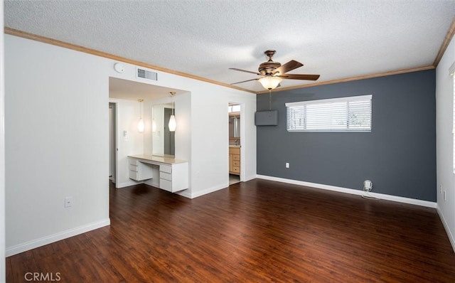 26409 Brandywine Ct, Menifee, CA 92586 - spare room featuring a textured ceiling, a ceiling fan, ornamental molding, wood finished floors, and a desk