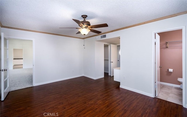 26409 Brandywine Ct, Menifee, CA 92586 - unfurnished bedroom with wood finished floors, a textured ceiling, crown molding, ensuite bath, and ceiling fan
