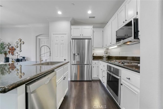 3393 Shadetree Way, Camarillo, CA 93012 - kitchen featuring appliances with stainless steel finishes, crown molding, white cabinets, dark wood-style flooring, and recessed lighting