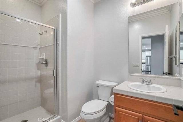 3393 Shadetree Way, Camarillo, CA 93012 - full bathroom featuring a stall shower, vanity, and ornamental molding