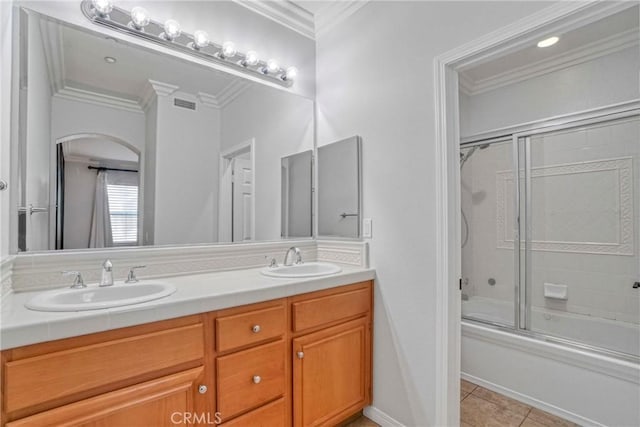 3393 Shadetree Way, Camarillo, CA 93012 - bathroom with crown molding, double vanity, combined bath / shower with glass door, and tile patterned floors