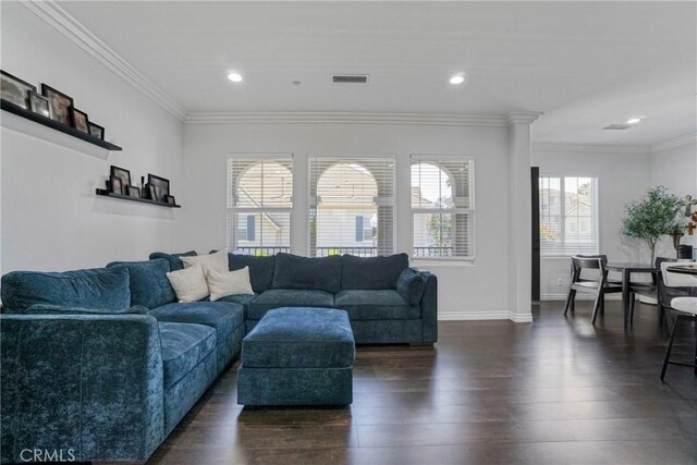 3393 Shadetree Way, Camarillo, CA 93012 - living room with dark wood-type flooring, crown molding, and recessed lighting