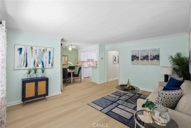 3511 Elm Ave Unit 212, Long Beach, CA 90807 - living room with light wood-style flooring, ornamental molding, and ceiling fan