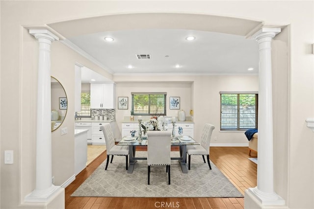 826 Country Oaks Ln, Arcadia, CA 91006 - dining room featuring ornate columns, ornamental molding, light wood-style flooring, and recessed lighting