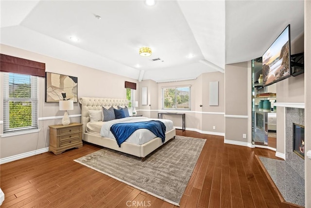 826 Country Oaks Ln, Arcadia, CA 91006 - bedroom featuring hardwood / wood-style floors, a fireplace, vaulted ceiling, and recessed lighting