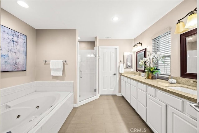 826 Country Oaks Ln, Arcadia, CA 91006 - bathroom featuring a shower stall, double vanity, a whirlpool tub, and recessed lighting