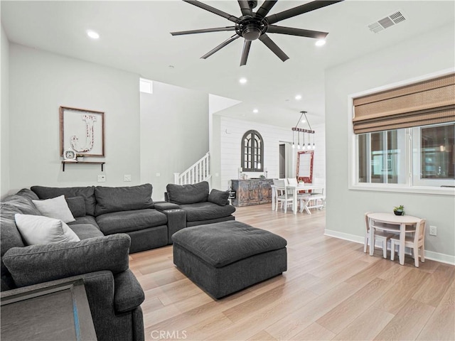 27717 Knoll View Pl, Valencia, CA 91381 - living area featuring light wood-style flooring, stairway, a ceiling fan, and recessed lighting