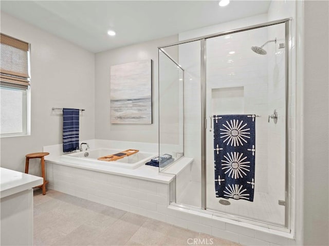 27717 Knoll View Pl, Valencia, CA 91381 - bathroom featuring a stall shower, a bath, recessed lighting, and vanity