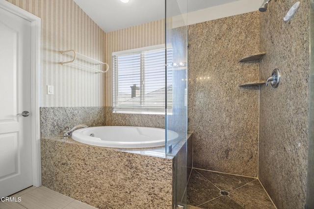 724 Parrish St, Ventura, CA 93003 - bathroom featuring tiled shower, wallpapered walls, a garden tub, and tile patterned flooring