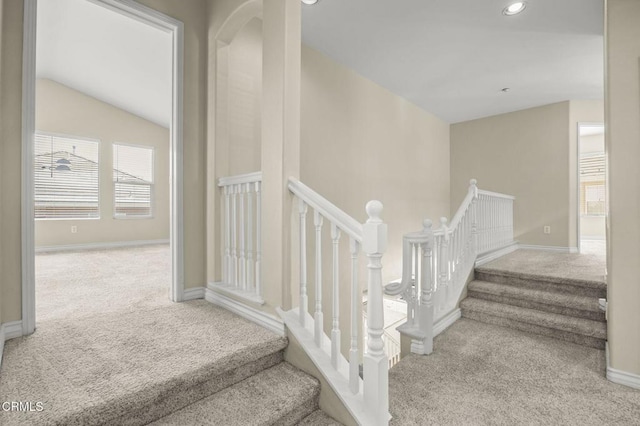 724 Parrish St, Ventura, CA 93003 - stairway featuring carpet floors, lofted ceiling, and recessed lighting