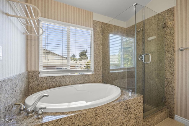 724 Parrish St, Ventura, CA 93003 - full bath featuring wallpapered walls, a stall shower, and a bath