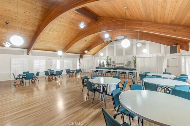 22913 Nadine Cir Unit A, Torrance, CA 90505 - dining space featuring a wood ceiling with exposed beams, wood finished floors, and high vaulted ceiling
