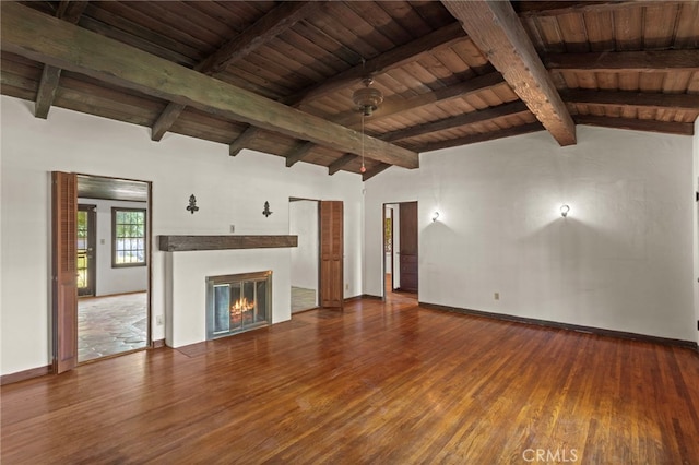 733 W 24th St, San Bernardino, CA 92405 - unfurnished living room featuring wooden ceiling, wood finished floors, and a glass covered fireplace