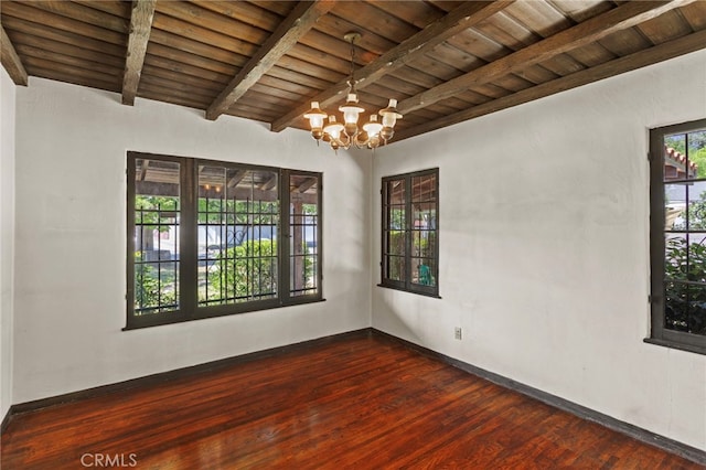 733 W 24th St, San Bernardino, CA 92405 - unfurnished room featuring a wood ceiling with exposed beams, dark wood-style floors, and a chandelier
