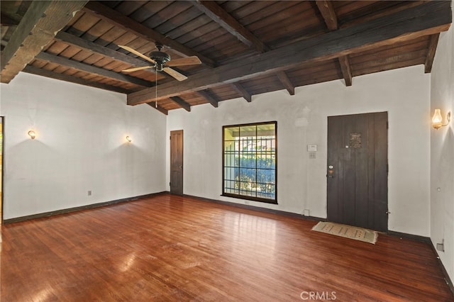 733 W 24th St, San Bernardino, CA 92405 - empty room with a wooden ceiling with exposed beams, a ceiling fan, wood finished floors, and high vaulted ceiling