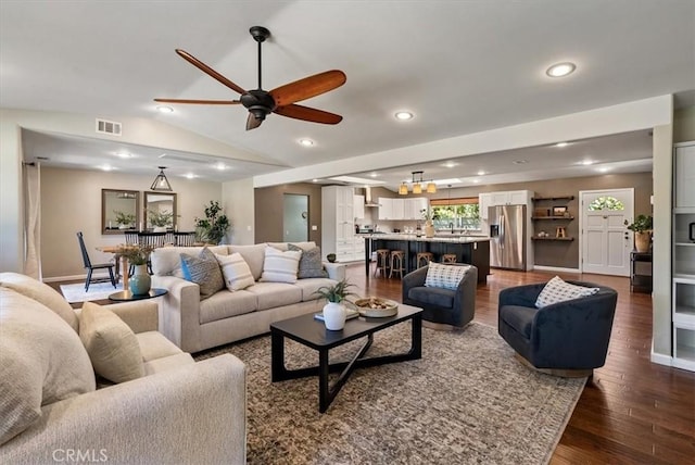 553 Well Rd, Templeton, CA 93465 - living area with dark wood finished floors, ceiling fan, recessed lighting, and lofted ceiling