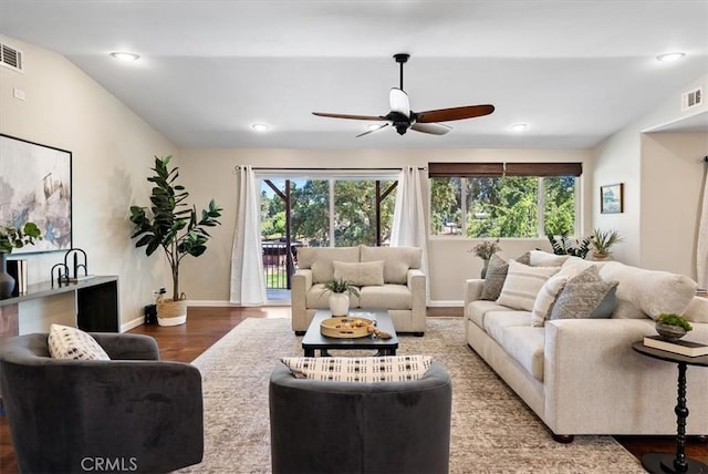 553 Well Rd, Templeton, CA 93465 - living area with healthy amount of natural light, wood finished floors, a ceiling fan, and recessed lighting