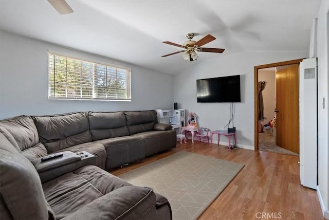 553 Well Rd, Templeton, CA 93465 - living area featuring a ceiling fan, vaulted ceiling, and wood finished floors