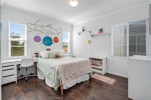 43145 62nd St W, Lancaster, CA 93536 - bedroom with crown molding, dark wood-style flooring, and multiple windows