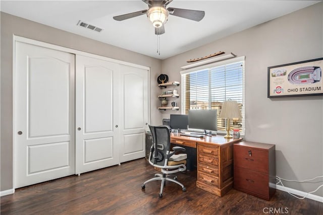 43145 62nd St W, Lancaster, CA 93536 - office area with ceiling fan and dark wood-style flooring