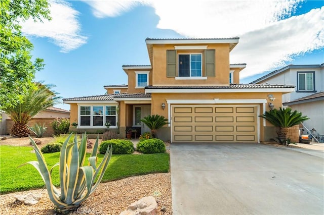 43145 62nd St W, Lancaster, CA 93536 - view of front of property with stucco siding, concrete driveway, a garage, a tile roof, and a front lawn