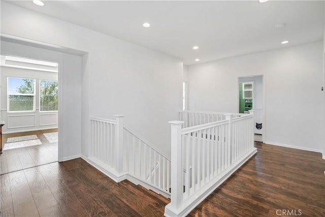 43145 62nd St W, Lancaster, CA 93536 - hallway with an upstairs landing, wood finished floors, and recessed lighting