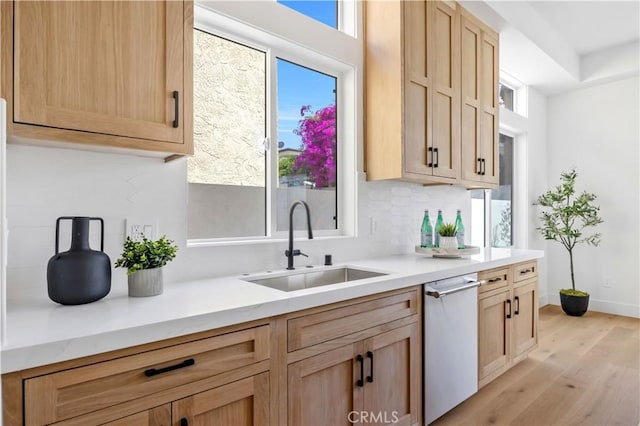 2102 Marshallfield Ln Unit B, Redondo Beach, CA 90278 - kitchen with dishwasher, light brown cabinetry, light wood-style floors, and tasteful backsplash