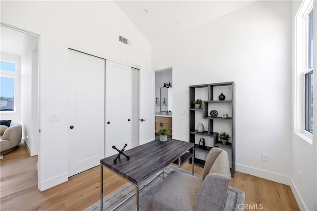 2102 Marshallfield Ln Unit B, Redondo Beach, CA 90278 - home office with high vaulted ceiling and light wood finished floors