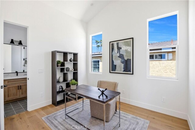 2102 Marshallfield Ln Unit B, Redondo Beach, CA 90278 - office space featuring light wood-style floors and vaulted ceiling