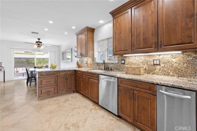 1907 W 235th Pl, Torrance, CA 90501 - kitchen featuring dishwasher, tasteful backsplash, light stone counters, ceiling fan, and recessed lighting