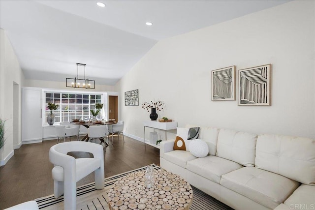 9858 Via Caceres, San Diego, CA 92129 - living area featuring lofted ceiling, wood finished floors, a chandelier, and recessed lighting