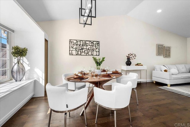 9858 Via Caceres, San Diego, CA 92129 - dining space featuring vaulted ceiling, dark wood-style floors, and recessed lighting