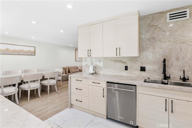 9436 Via Monique, Burbank, CA 91504 - kitchen with stainless steel dishwasher, light stone countertops, modern cabinets, backsplash, and recessed lighting
