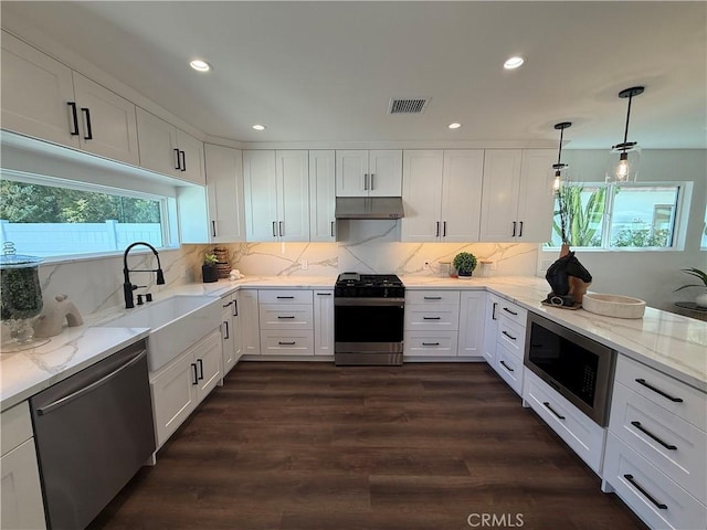 17532 Hamlin St, Lake Balboa, CA 91406 - kitchen featuring stainless steel appliances, under cabinet range hood, light stone counters, white cabinetry, and recessed lighting