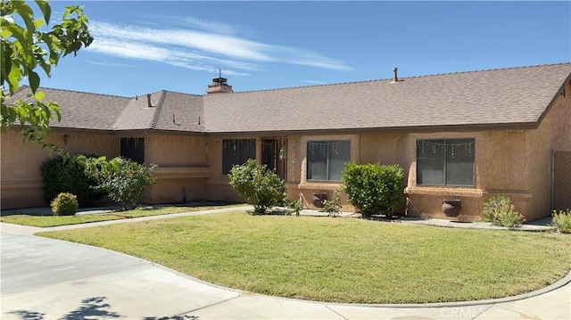 19077 Goleta St, Hesperia, CA 92345 - single story home featuring roof with shingles, a front yard, and a chimney