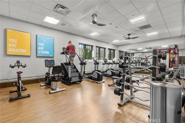 12062 Turnleaf Ave, Whittier, CA 90602 - gym featuring wood finished floors, ceiling fan, and a drop ceiling