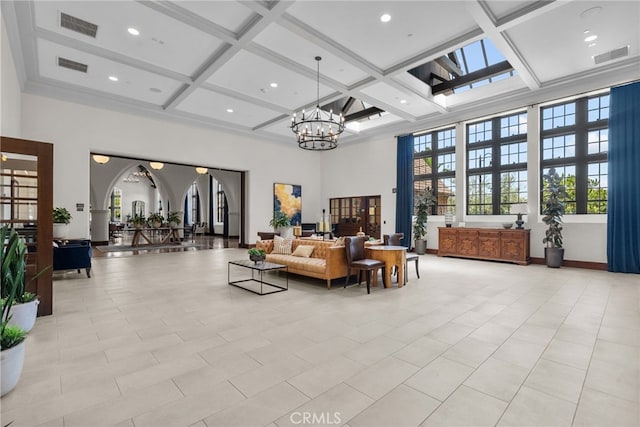 12062 Turnleaf Ave, Whittier, CA 90602 - lobby with coffered ceiling, a towering ceiling, beam ceiling, and recessed lighting