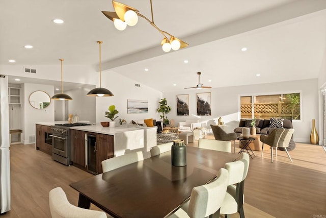 835 Cathy Ln, Cardiff By The Sea, CA 92007 - dining area with light wood-type flooring, beverage cooler, a ceiling fan, and recessed lighting