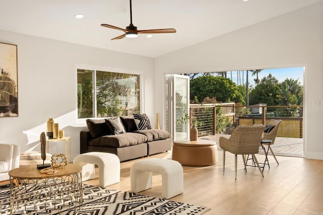 835 Cathy Ln, Cardiff By The Sea, CA 92007 - living area with a ceiling fan, healthy amount of natural light, recessed lighting, wood finished floors, and vaulted ceiling