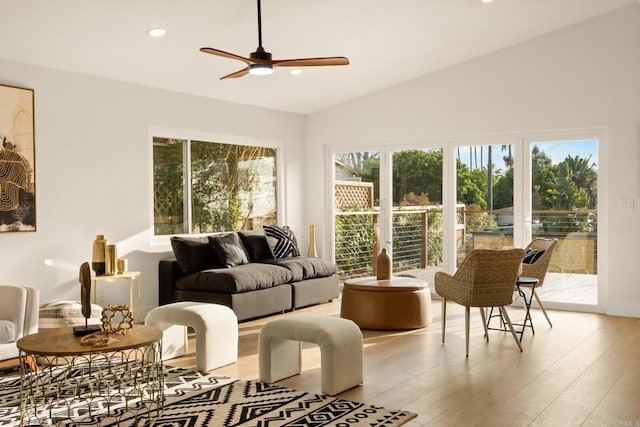 835 Cathy Ln, Cardiff By The Sea, CA 92007 - living room with ceiling fan, lofted ceiling, recessed lighting, and wood finished floors