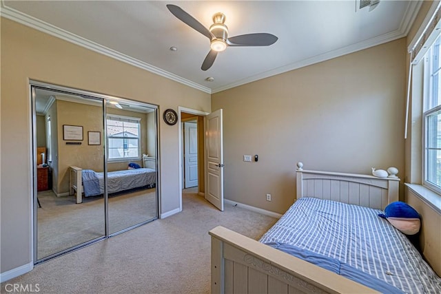 18956 Northern Dancer Ln, Yorba Linda, CA 92886 - bedroom featuring light carpet, ornamental molding, a closet, and ceiling fan