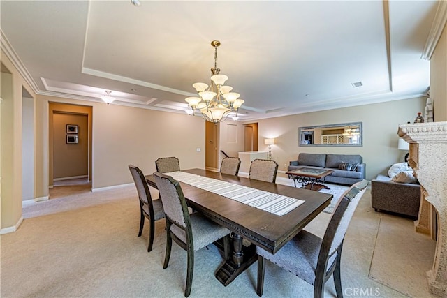 18956 Northern Dancer Ln, Yorba Linda, CA 92886 - dining area featuring light colored carpet, a chandelier, ornamental molding, and a tray ceiling