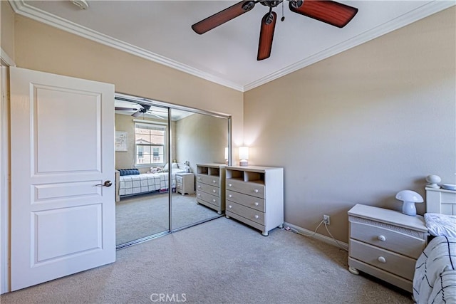 18956 Northern Dancer Ln, Yorba Linda, CA 92886 - carpeted bedroom with ornamental molding, a closet, and ceiling fan